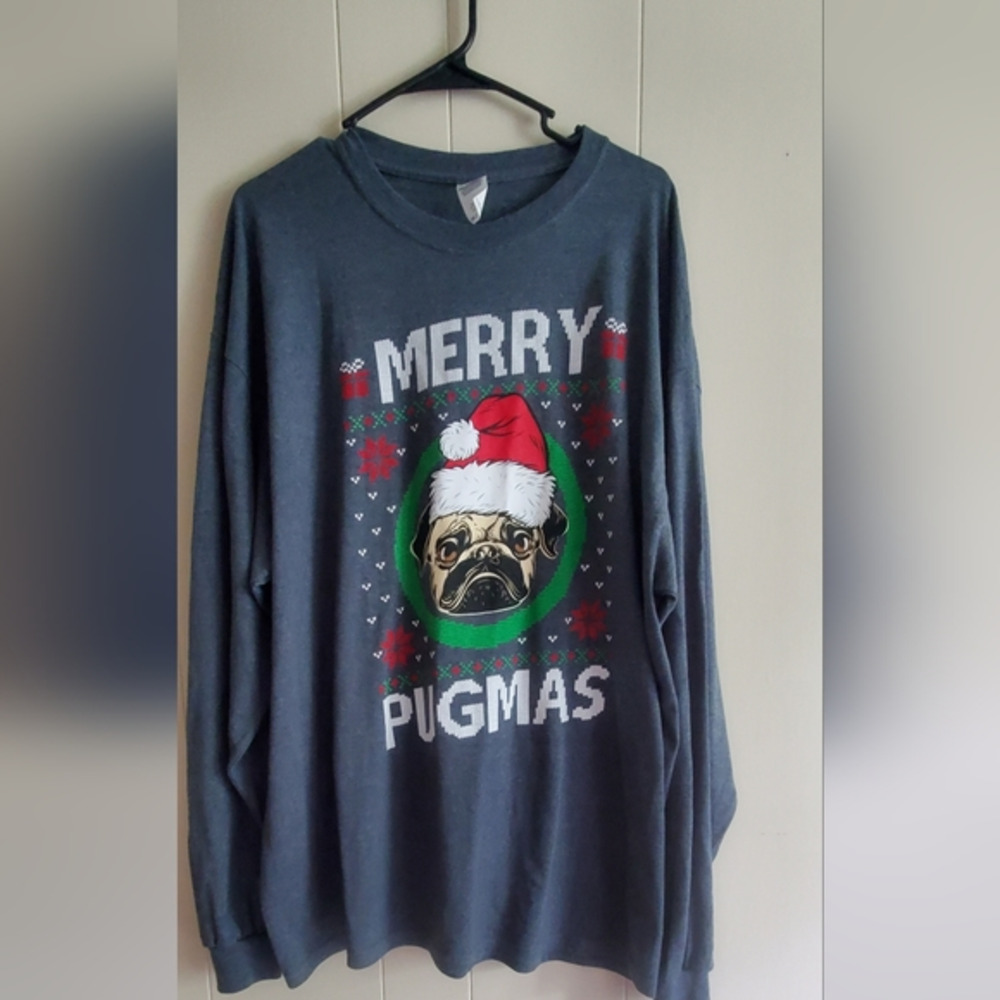 Ugly christmas 2XL gray long sleeve pug‎ with santa hat shirt unisex